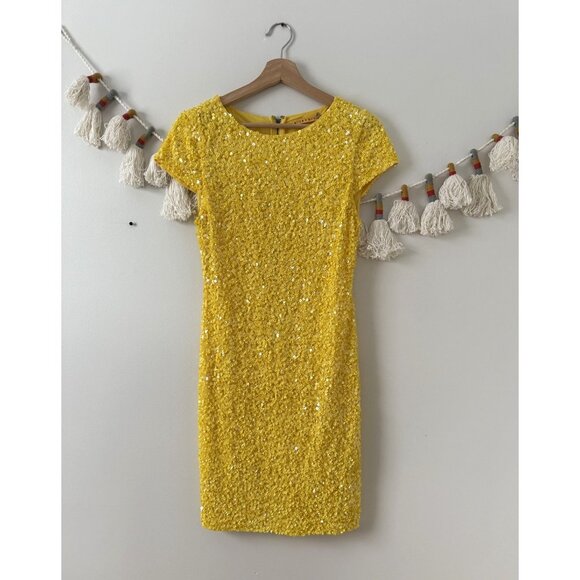 Alice & Olivia Sequin Yellow Aline Mini Dress Party Elegant Glam Wedding 4 - Picture 1 of 9
